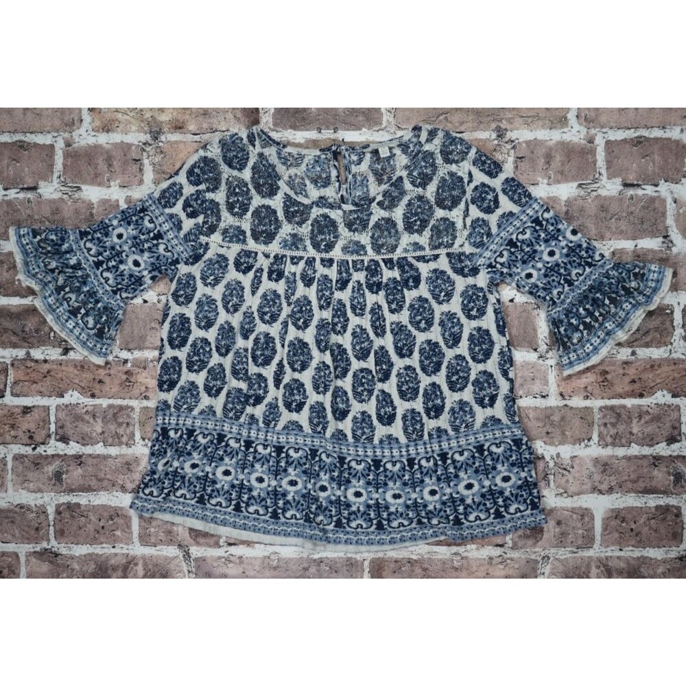 Lucky Brand Boho Blouse Womens Small Blue Pattern Retro Peasant Top Coastal Chic